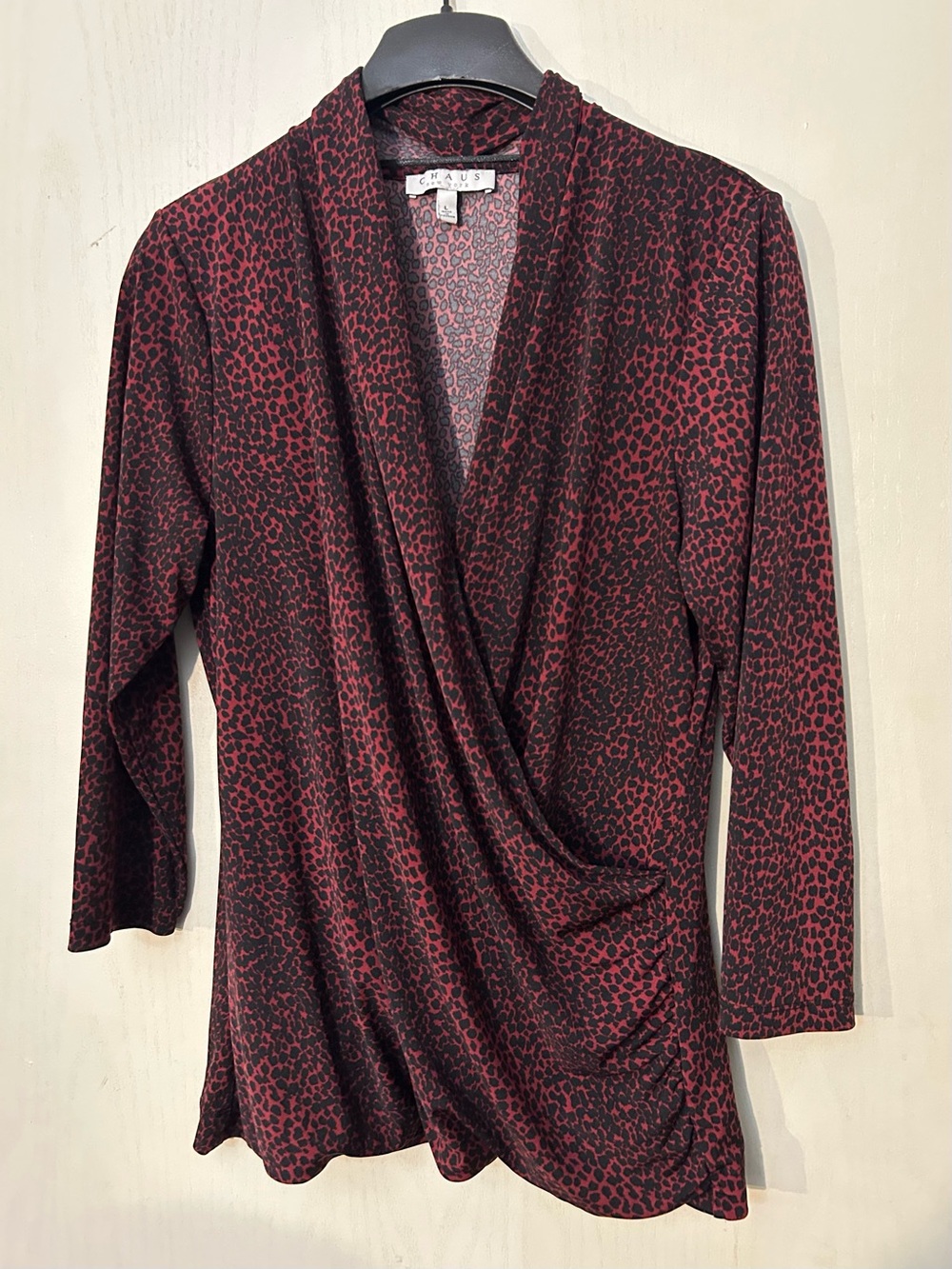 CHAUS New York Women’s Large Red Black Animal Print Draped Cowl Neck Top